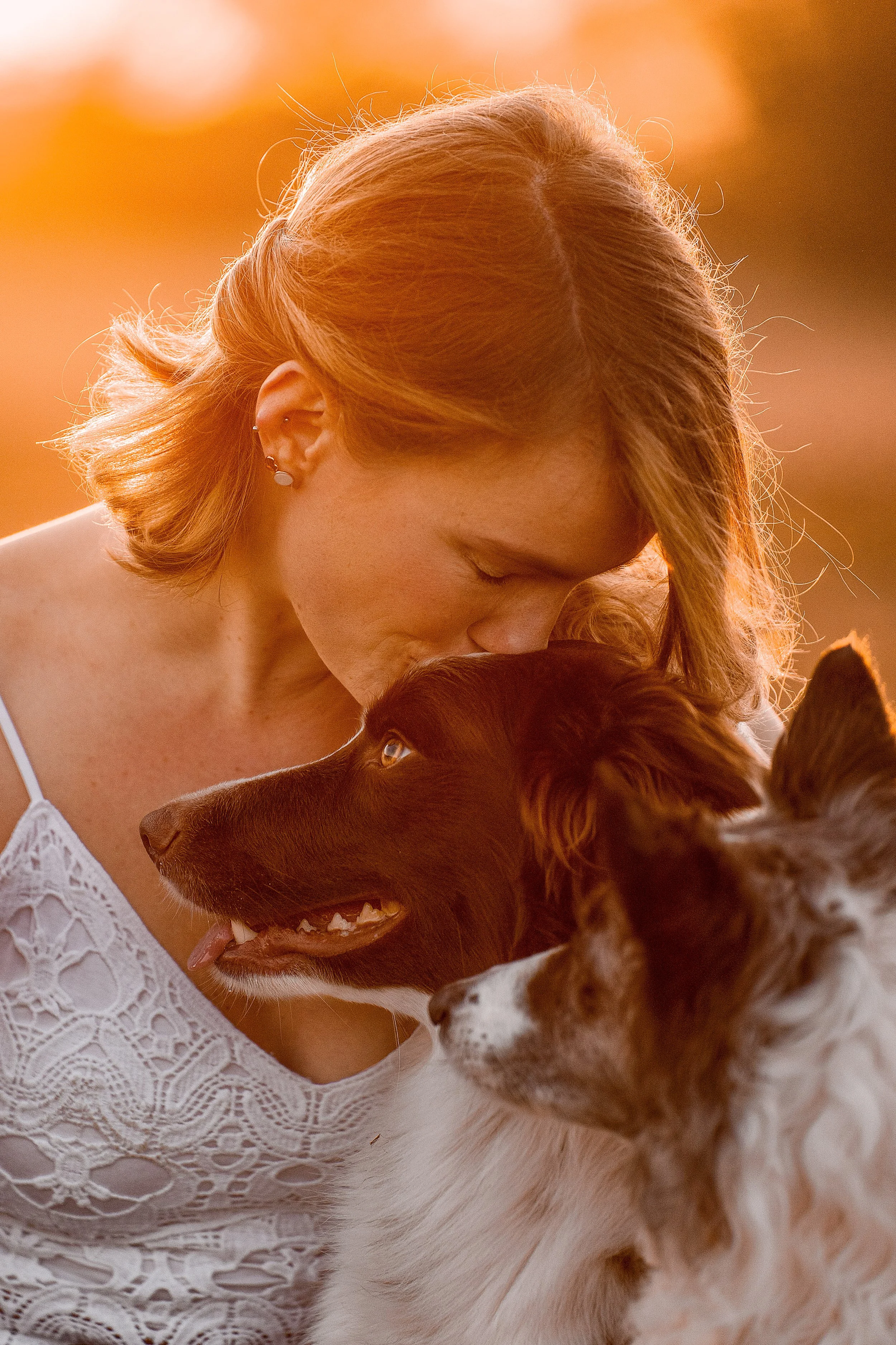 A woman with red hair wearing a white lace top gently leaning her head against a brown and white Australian Shepherd dog, both looking at each other affectionately, with a warm, blurred background.