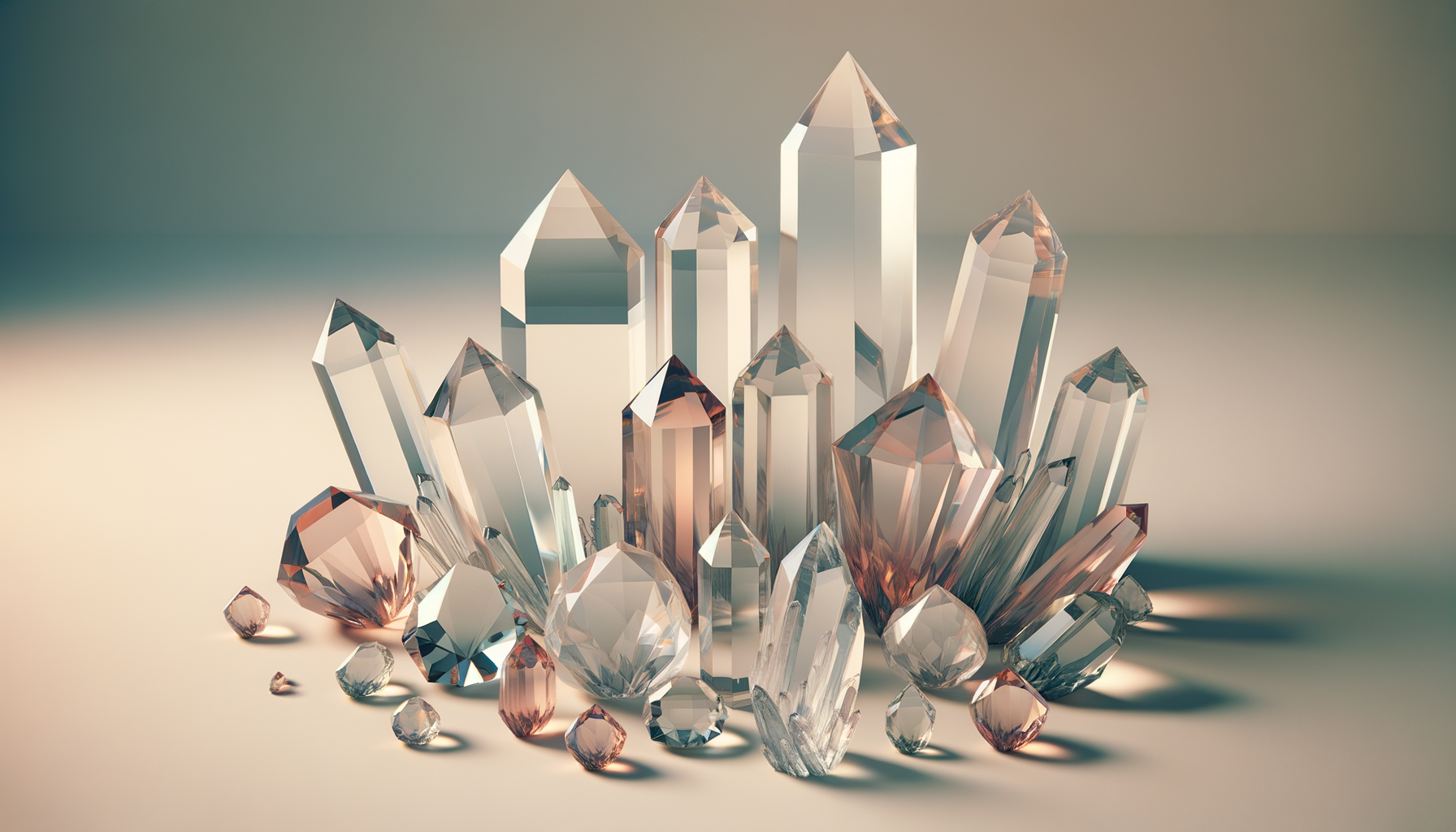 Collection of various cut gemstones, primarily clear and pink, arranged on a neutral surface with soft lighting.