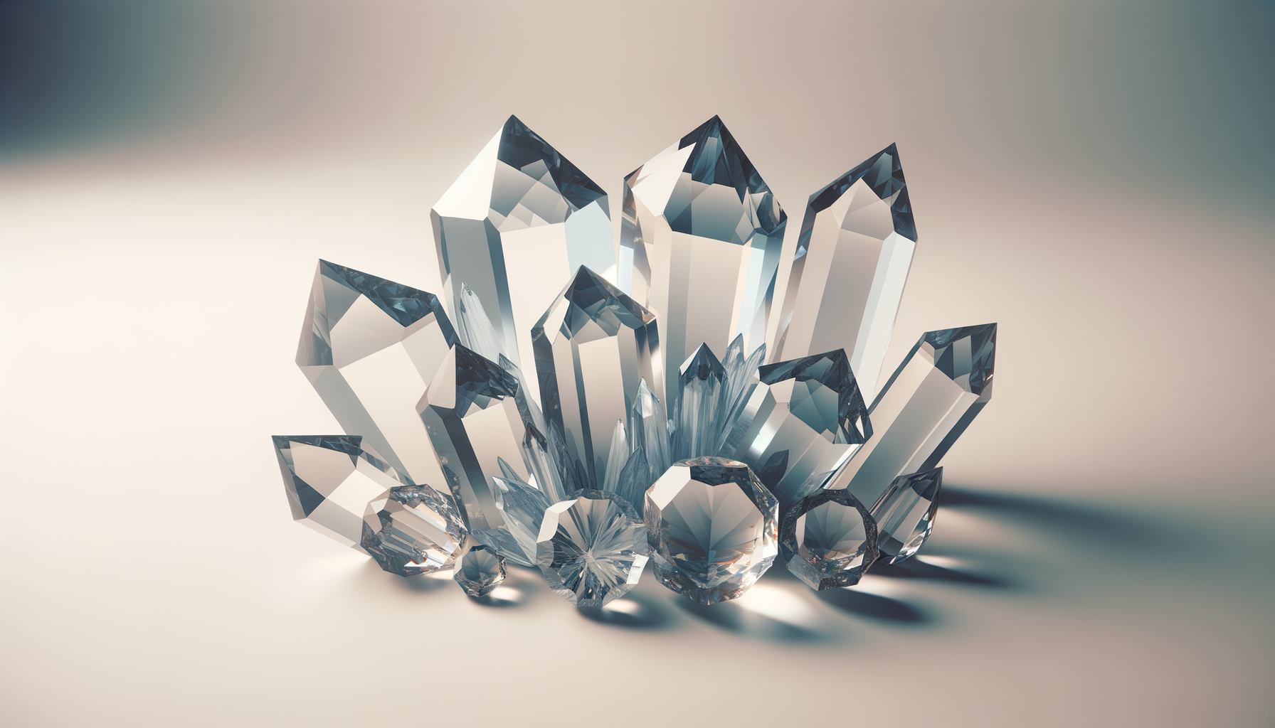 Cluster of clear, cut crystals arranged on a plain surface with soft lighting and shadows.