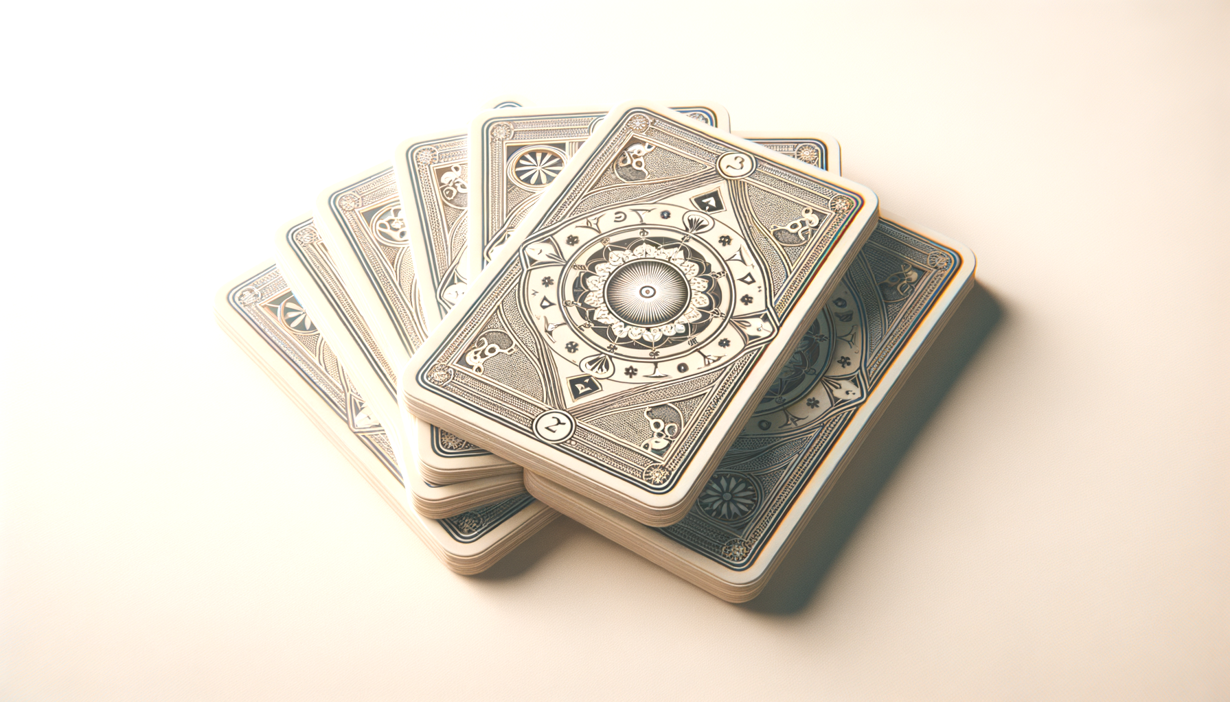 A deck of intricately designed playing cards fanned out on a light surface.