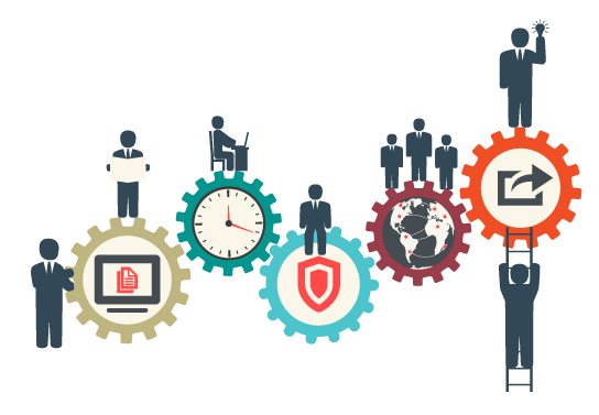 Illustration of human figures on interconnected gears representing different concepts such as document sharing, clock/time, security, global connectivity, and data analytics.