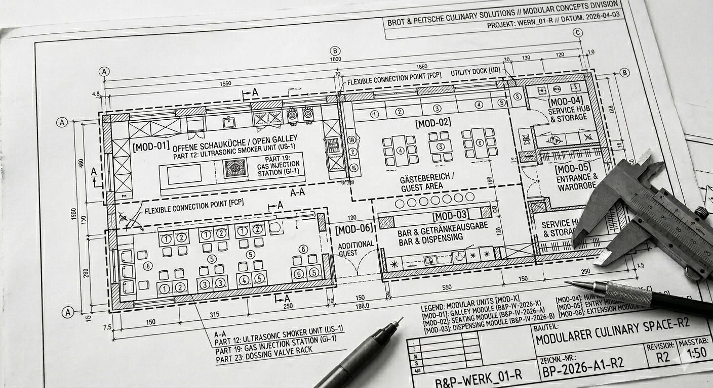 Technischer Bauplan eines modularen kulinarischen Raums mit verschiedenen Bereichen und Modulen, einschließlich offener Küche, Gastbereich, Bar, Servicebereich, Wartung und Lager, mit technischen Anmerkungen und Maßen.