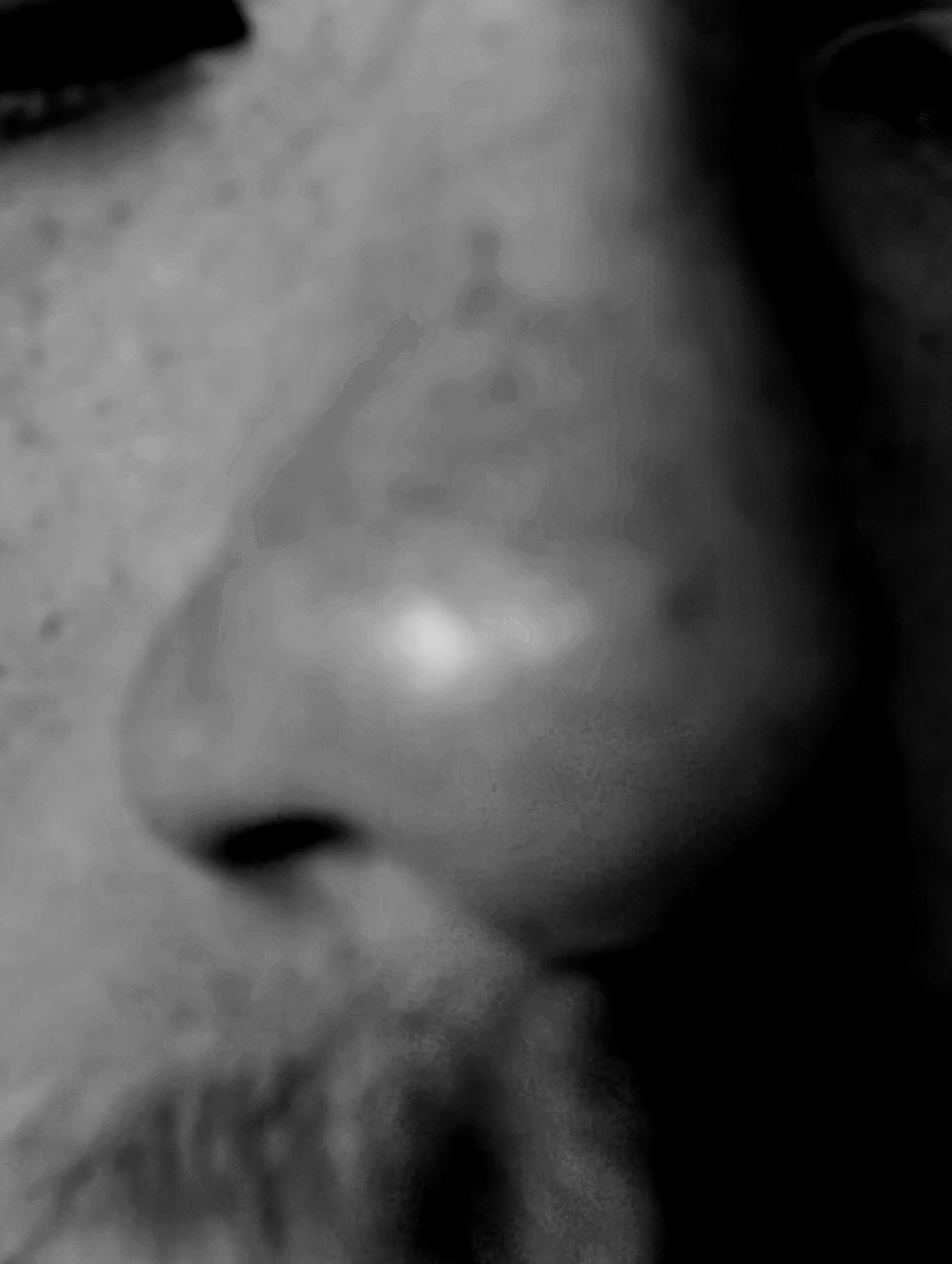 Close-up of a person's face in black and white, showing part of the forehead, eye, and nose.