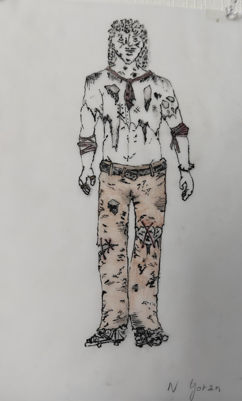 Drawing of a person with curly hair, wearing a torn shirt, tie, and ripped pants, standing with their eyes closed.