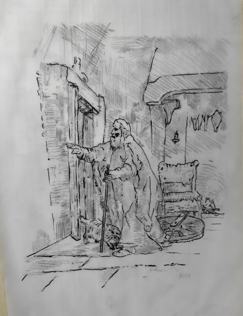 A sketch of an elderly man with a beard and glasses, wearing a cape and holding a cane, standing at a door with a dog nearby in a rustic interior with wooden furniture and a hanging cloth.