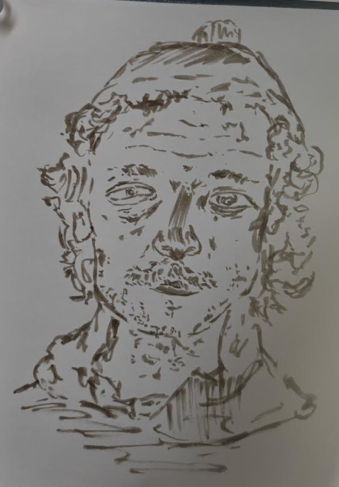 Sketch of a person with curly hair, slight beard, and a serious expression.