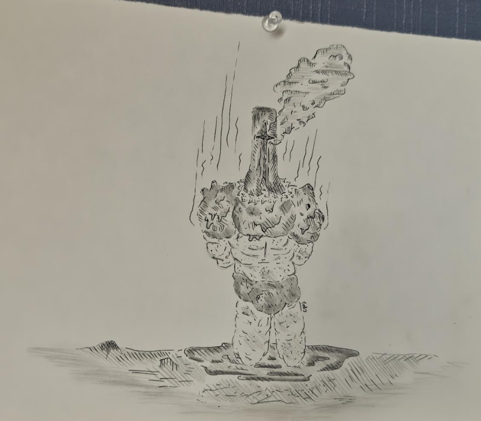 A black and white sketch of a small, humanoid figure with a large, mushroom-shaped head, standing on a patch of ground, with a cloud of smoke or vapor rising from its head.