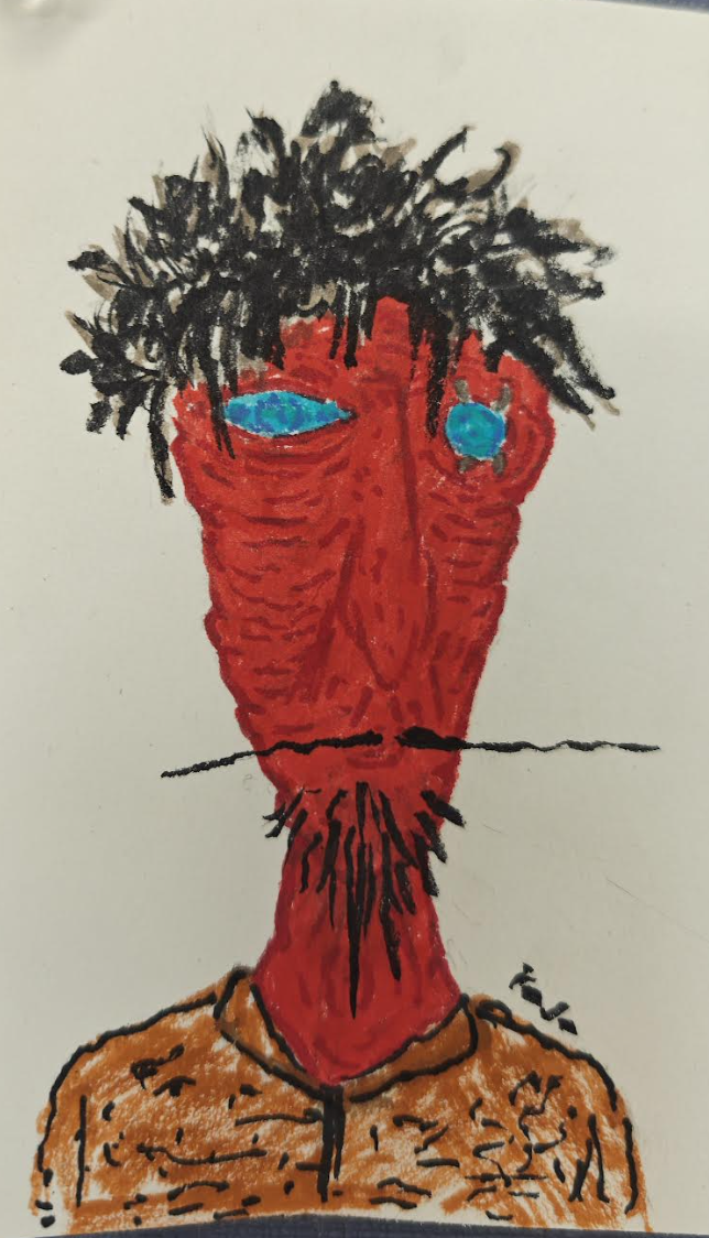 A drawing of a person's face with exaggerated features, including a red face, blue eyes, black spiky hair, and an orange shirt.