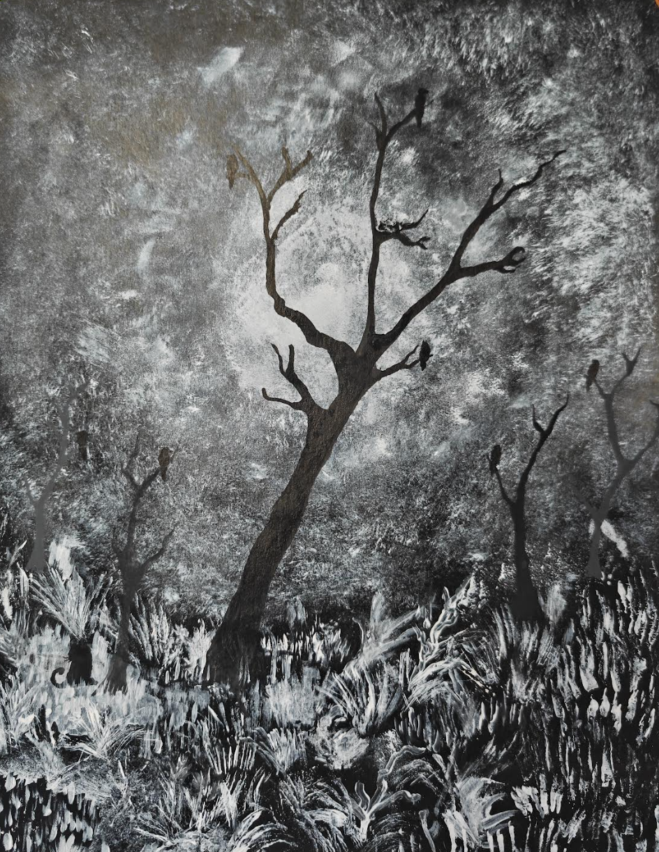 Black and white painting of a landscape with bare trees, grass, and a cloudy sky.