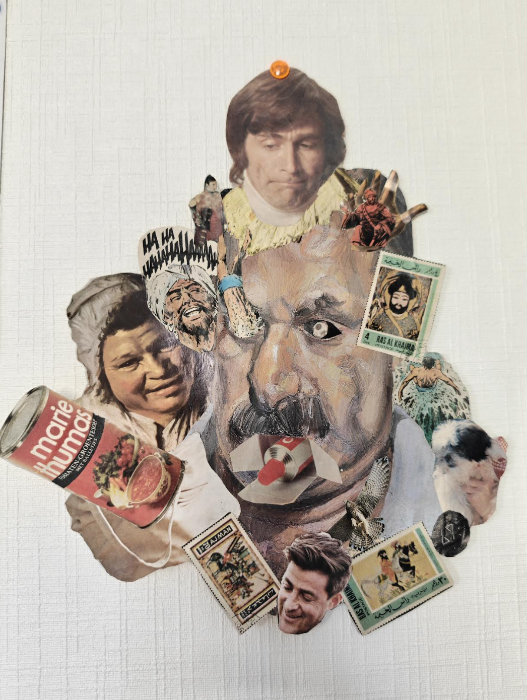 Collage of various magazine cutouts and illustrations on a white background, featuring faces, a can of tomato sauce, stamps, and colorful artwork.