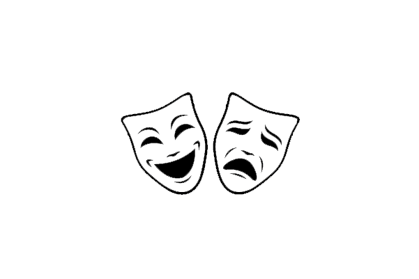 Cartoon image of two theater masks, one smiling and one frowning, representing comedy and tragedy.