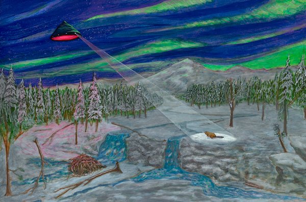 UFO observes beaver / 2017 /acrylic on wood/ 16" x 24" / sold