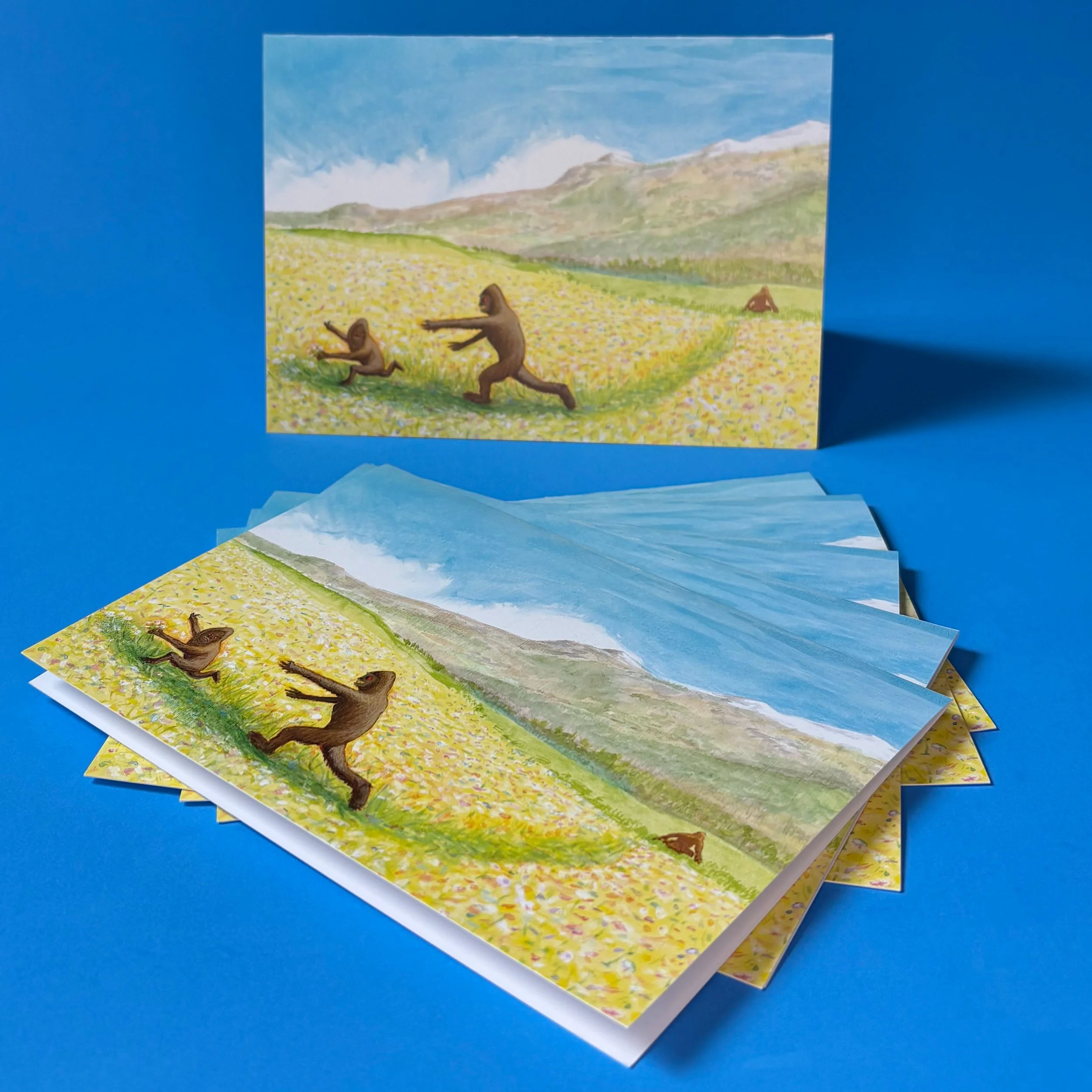 Six count greeting cards - "Sasquatch siblings in a meadow"