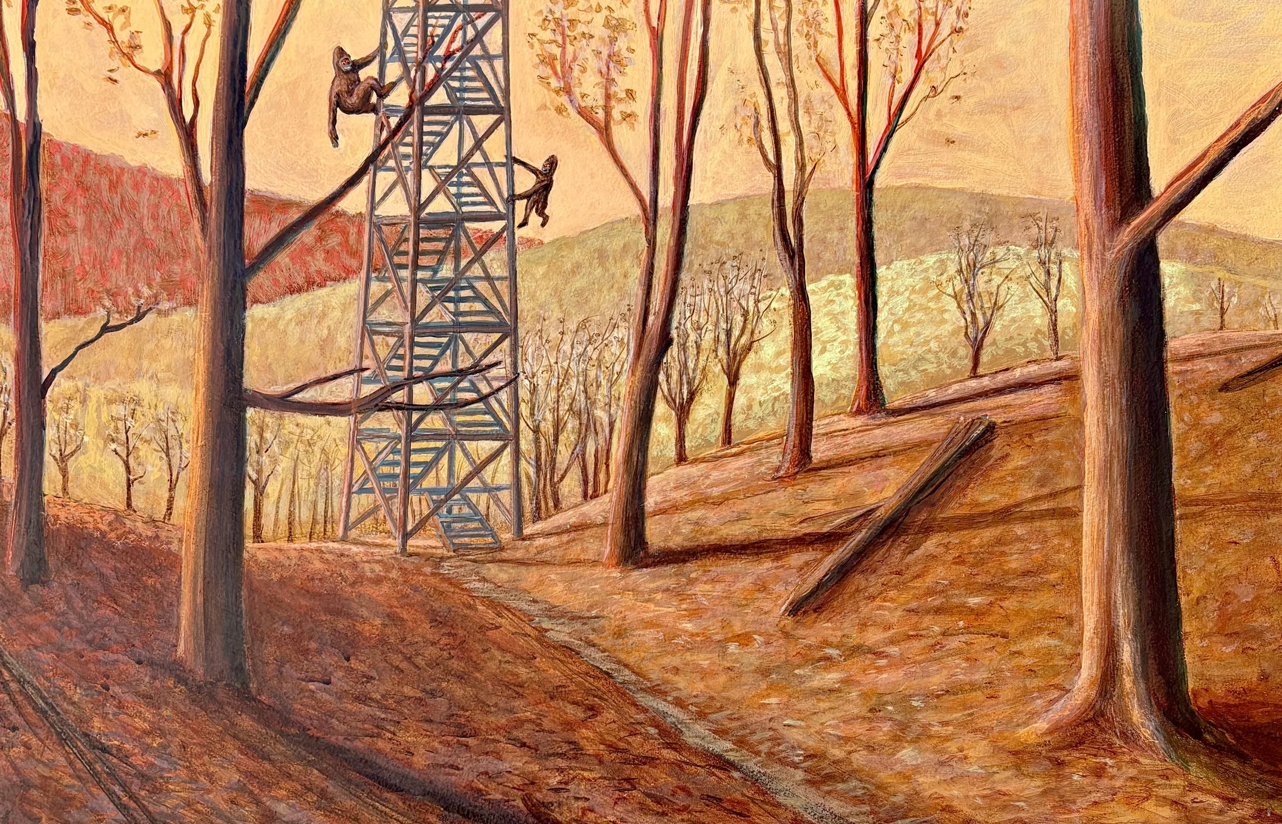 Sasquatch siblings on a fire tower /2025/AOW/ 16"x 24" / $2200
