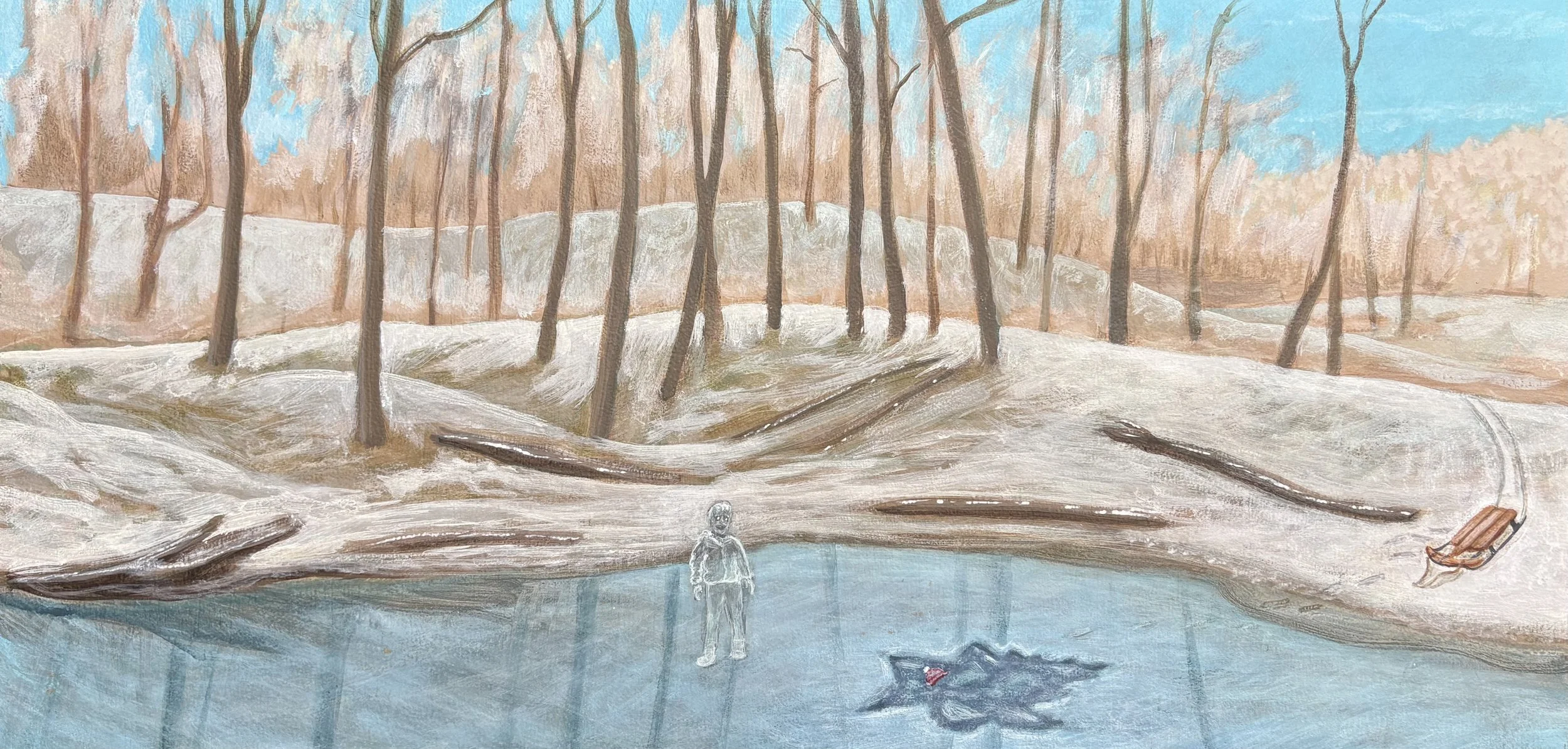 Mild day on frozen pond /2021/ acrylic on wood/ 12" x 24" / $1800