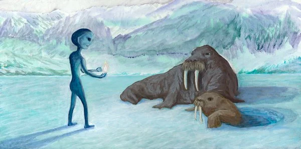 Alien greeting walruses /2019/acrylic on wood/ 12" x 24"/ sold