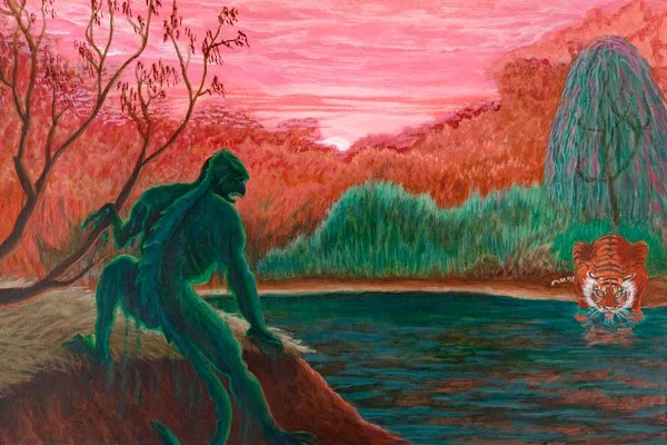 Reptilian evades tiger /2021/ acrylic on wood/ 16" x 24"/ sold