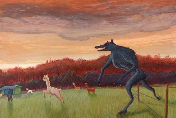 Dogman visits alpaca ranch /2021/ acrylic on wood /16" x 24"/ sold

