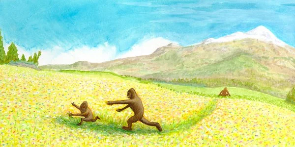 Sasquatch siblings in a meadow / 2019 / AOW / 12" x 24" / sold 