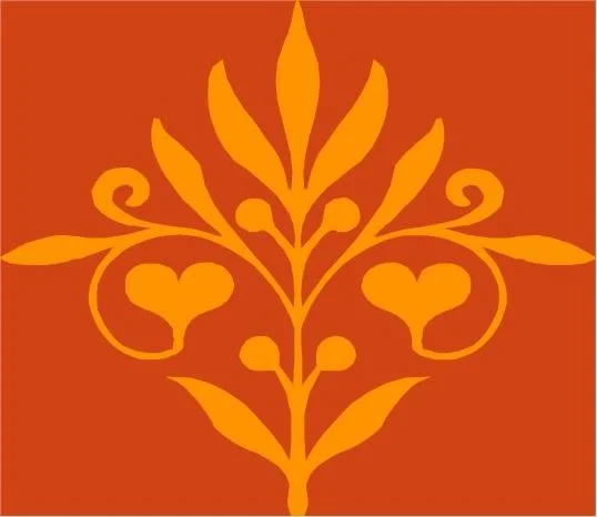 Ornamental floral design with heart-shaped elements on an orange background.