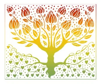 A stylized tree with orange and yellow blossoms on top and green roots with heart-shaped leaves at the bottom.