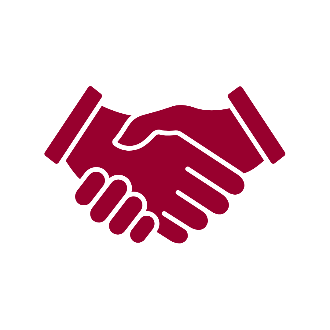 Black outline of two hands shaking with a burgundy fill, symbolizing agreement or partnership.