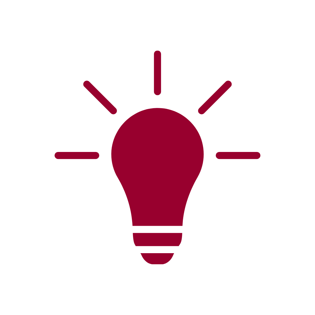 A graphic icon of a maroon light bulb with lines radiating outward, on a black background.