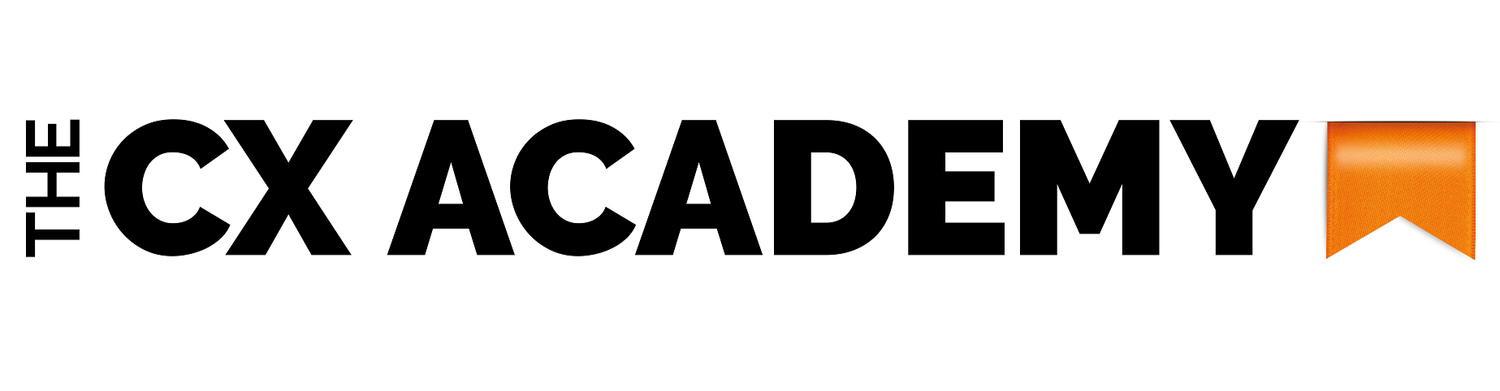 The logo for The CX Academy featuring bold black text and an orange ribbon