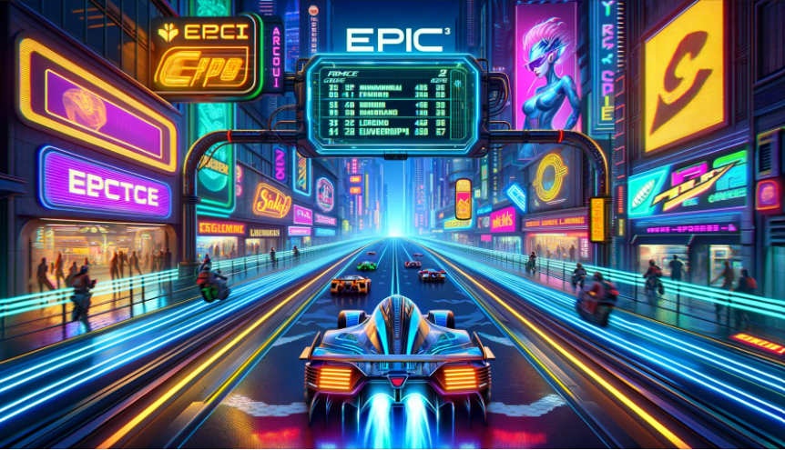 Futuristic city street with neon lights, flying cars, and holographic advertisements.