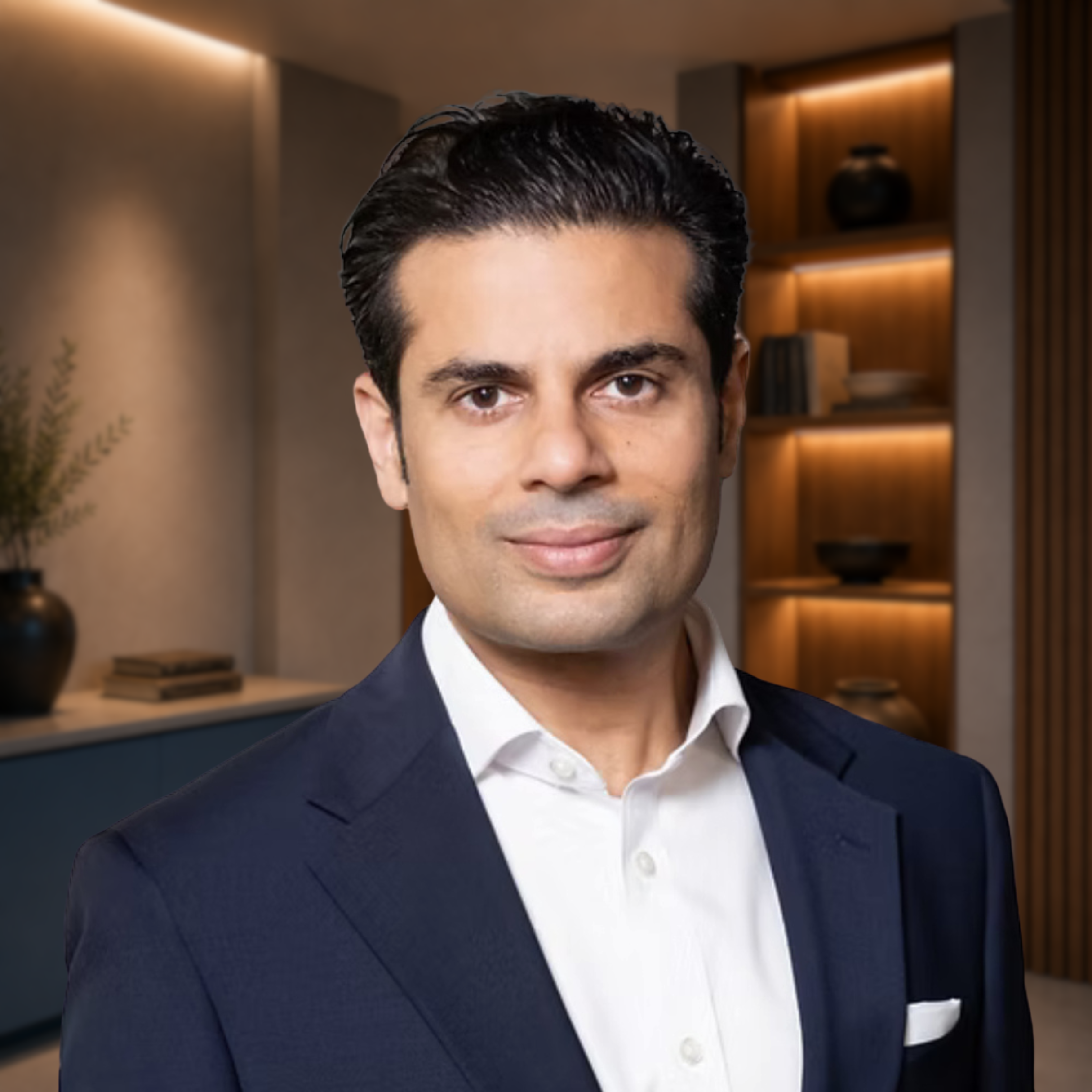 Close-up of a man in a dark suit and white shirt, with a neatly styled haircut, standing in a modern interior with wooden shelves and decorative objects in the background.