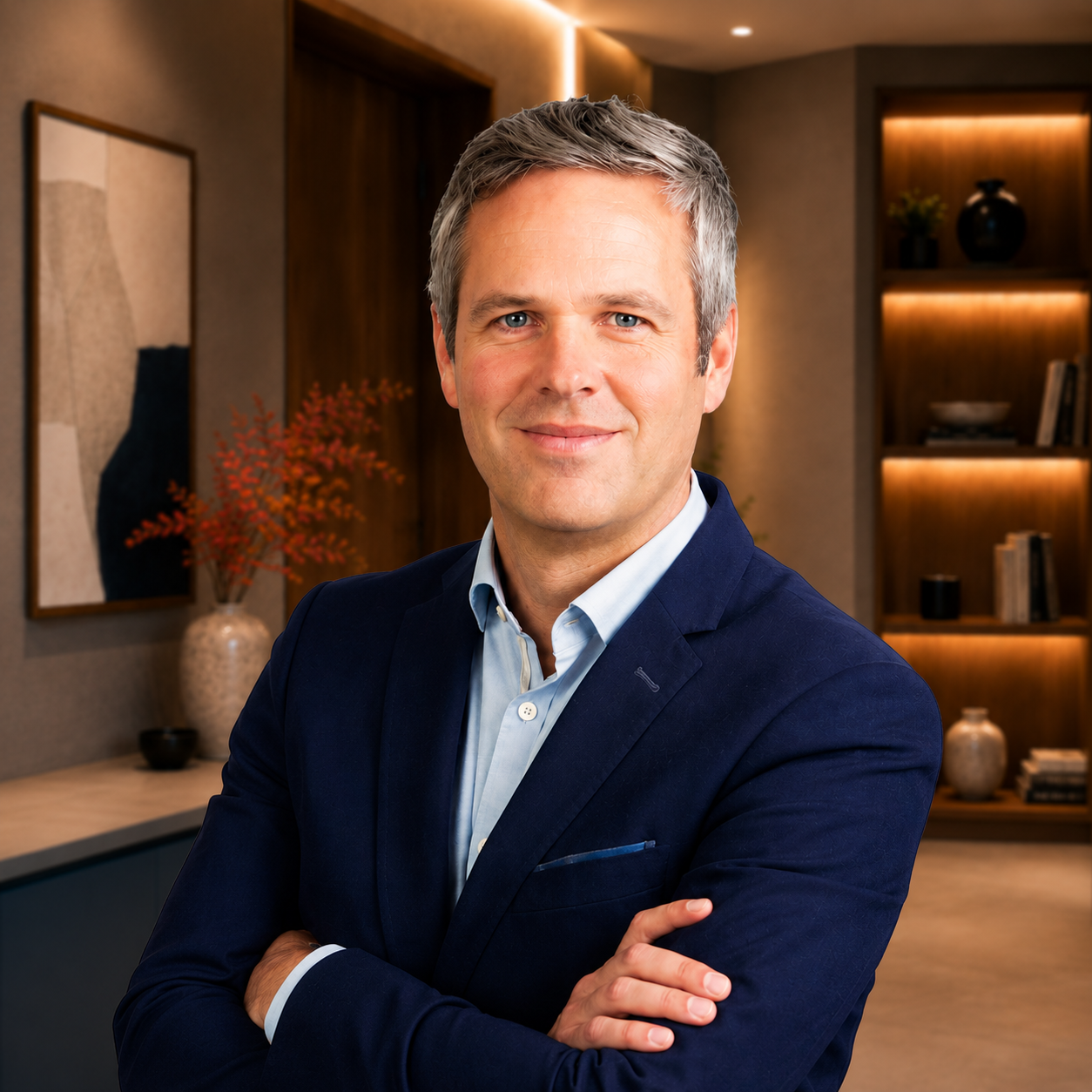 A middle-aged man with light brown hair and blue eyes, wearing a dark blazer, white shirt, and light blue tie, standing in a modern, warmly lit interior, smiling at the camera.