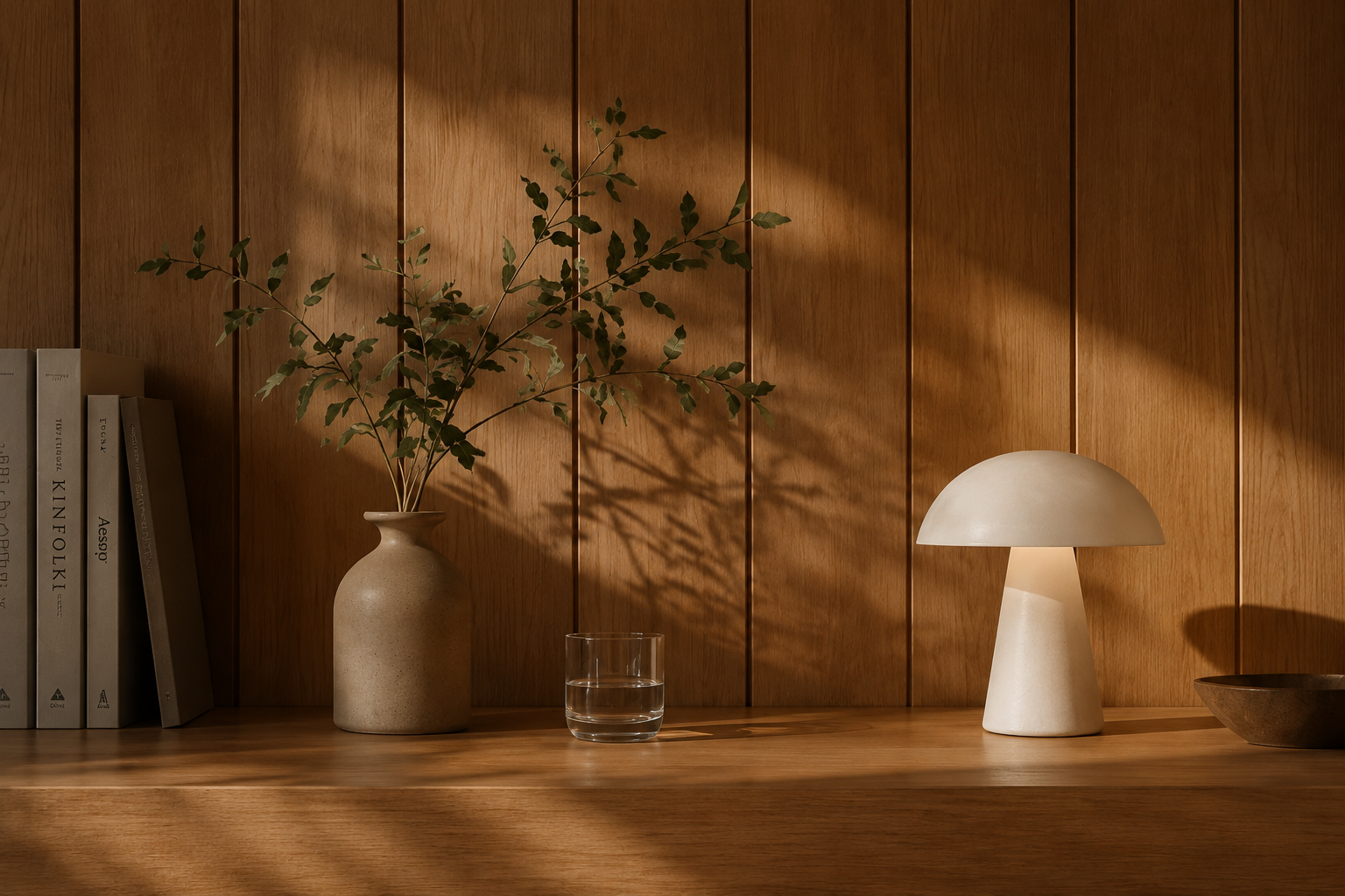A wooden shelf with a beige vase holding greenery, a glass of water, a modern table lamp, a brown bowl, and a few books against a wooden panel wall with sunlight casting shadows.