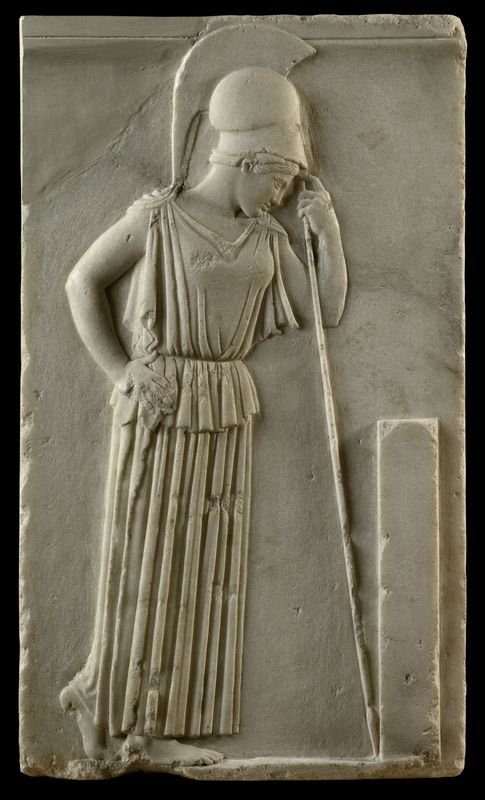 Name: Relief. The "Thinking Athena".
Creator: Attiko Workshop.
Dating Back To: Around 460 BC.
Material: Paros Marble.
Found In: 1888 south of the Parthenon.
