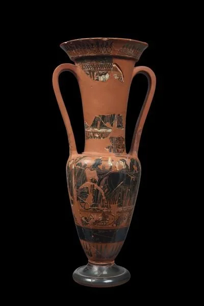 Name: Loutroforos.
Creator: Attiko Workshop.
Dating Back To: Around 525 BC.
Material: Clay.
Found In: Fragments between the year 1955 & 1957 in the sanctuary of the Nymph.
