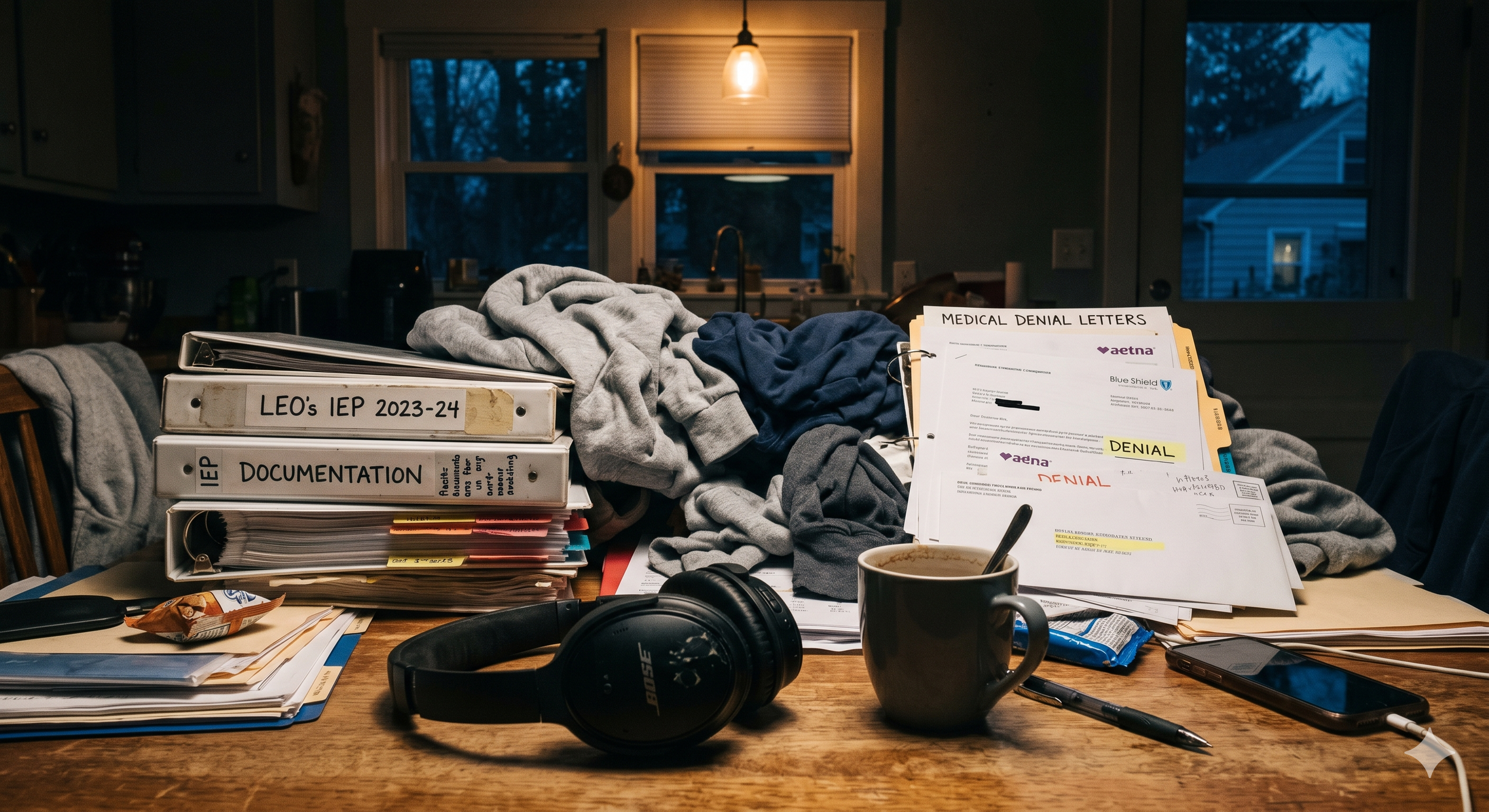 A cluttered wooden dining table in a kitchen with papers, binders labeled 'LEO's IEP 2023-24,' a mug, headphones, a pen, a snack, and scattered clothes. The background shows a kitchen with two windows, a hanging light bulb, and some kitchen appliances.