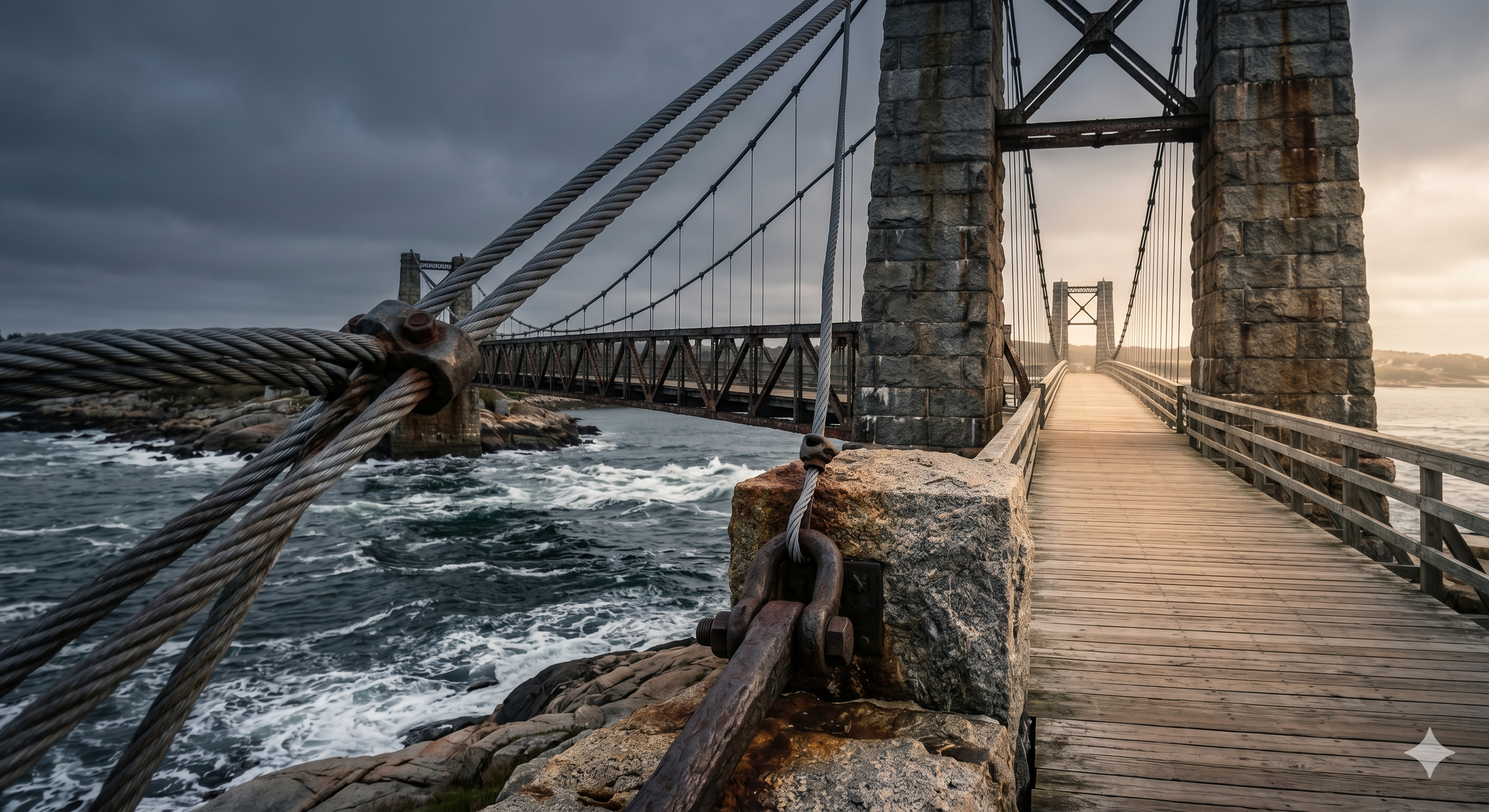 A suspension bridge made of stone towers and metal cables extends over a body of water under a cloudy sky at sunset.