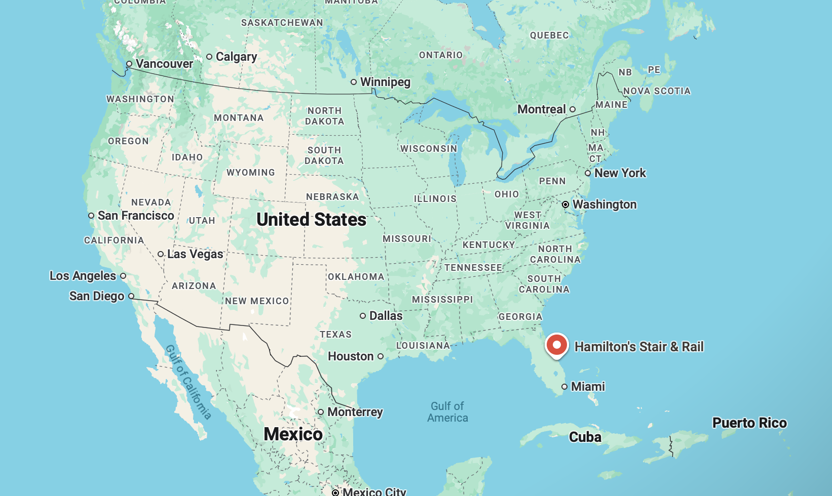Map of the United States showing city names and routes, with a highlighted location for Hamilton's Stair & Rail.