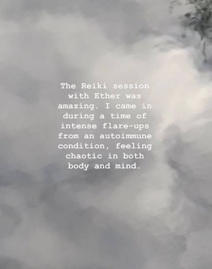A cloudy sky with a text overlay about a Reiki session with Ether, describing an experience during a time of intense flare-ups from an autoimmune condition, feeling chaotic in both body and mind.