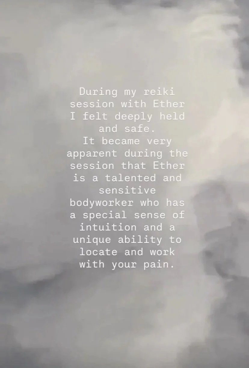 Text overlay on a cloudy sky background describing a reiki session with Ether, highlighting feelings of being deeply held, safe, and the practitioner's sensitivity and intuition.