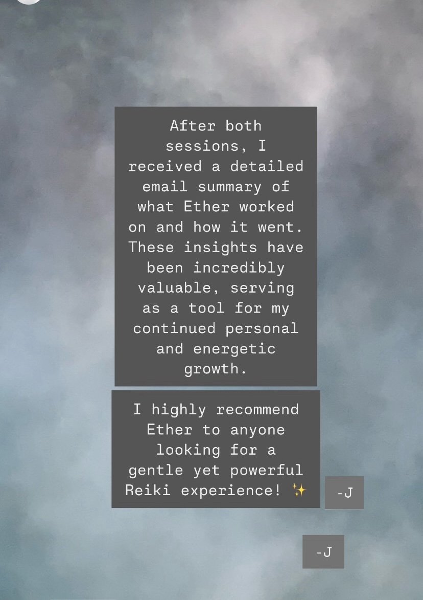 A testimonial message on a cloudy sky background, expressing positive feedback about an Ether session and recommending the service to others.