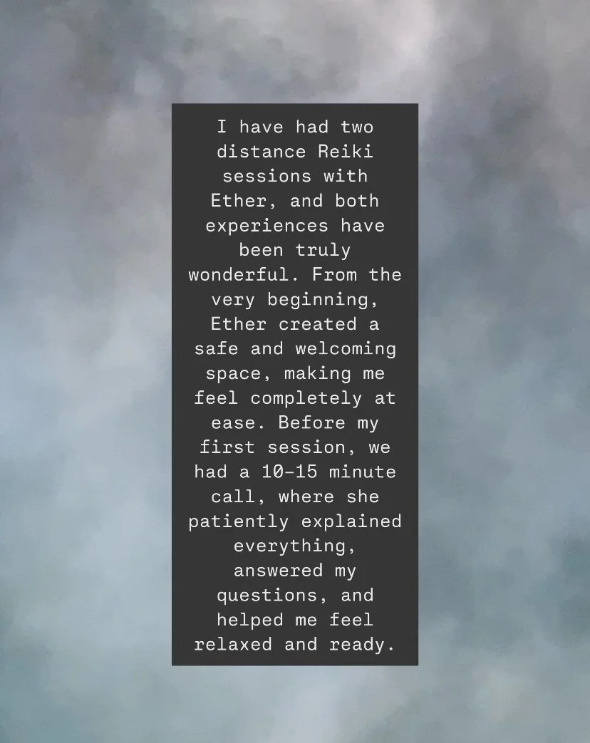 A text box overlaying a cloudy sky background, describing positive experience with Reiki sessions and a preparatory call.