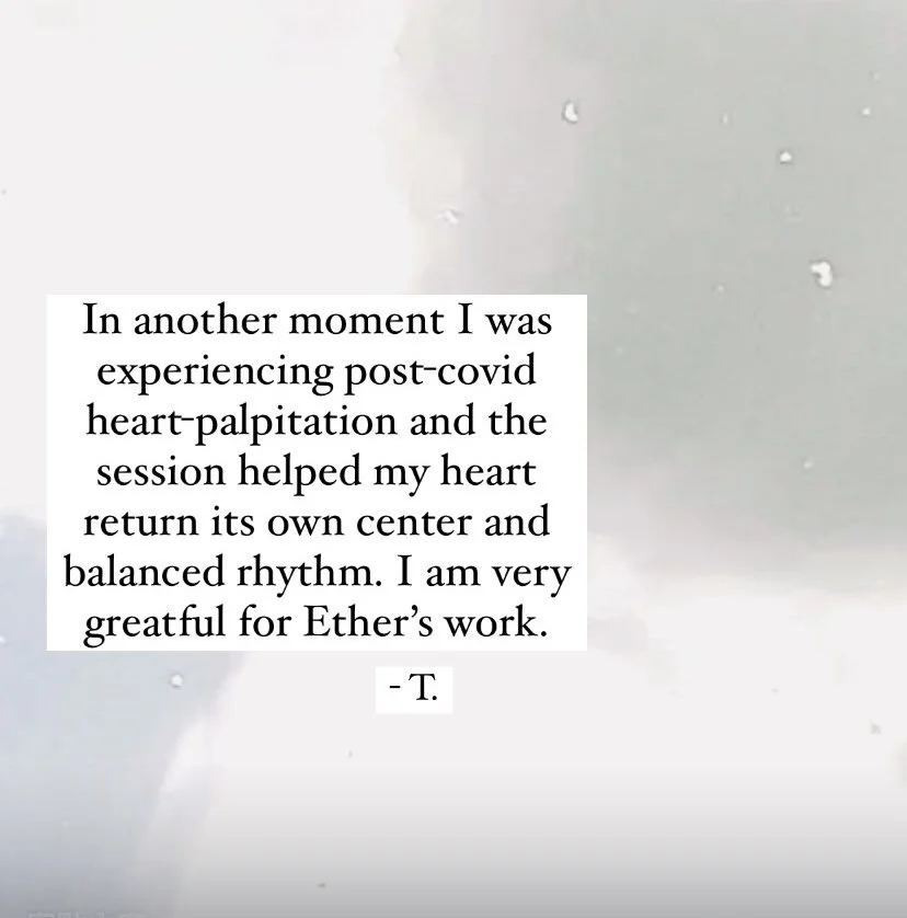 A quote about post-COVID heart-palpitations and a session helping to restore heart's rhythm, attributed to T. on a light-colored background.