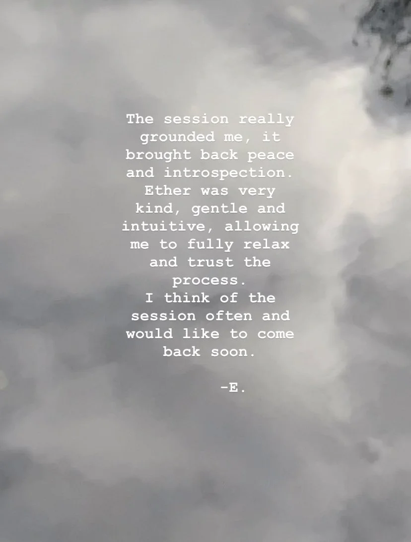 Text overlay on a cloudy sky background, describing a positive experience from a therapy session, emphasizing grounding, peace, introspection, kindness, and relaxation.