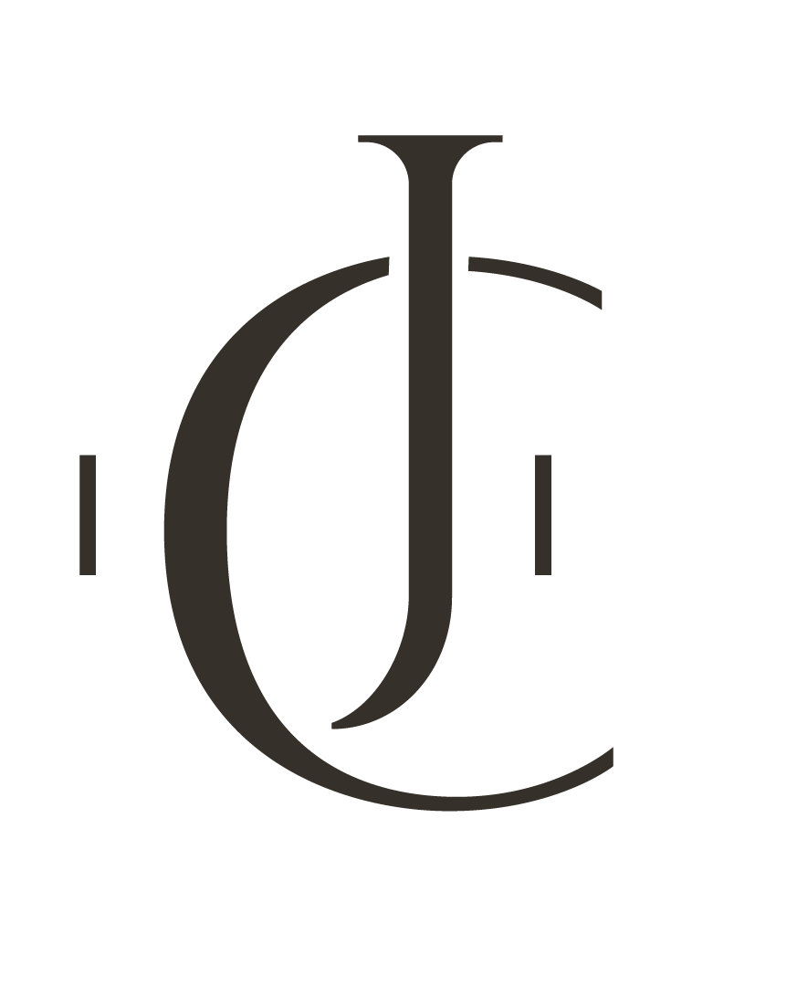 Minimalist black and white logo combining the letters J and C, with parts of the letters interconnected for a modern look. CJ living Co Brand Mark