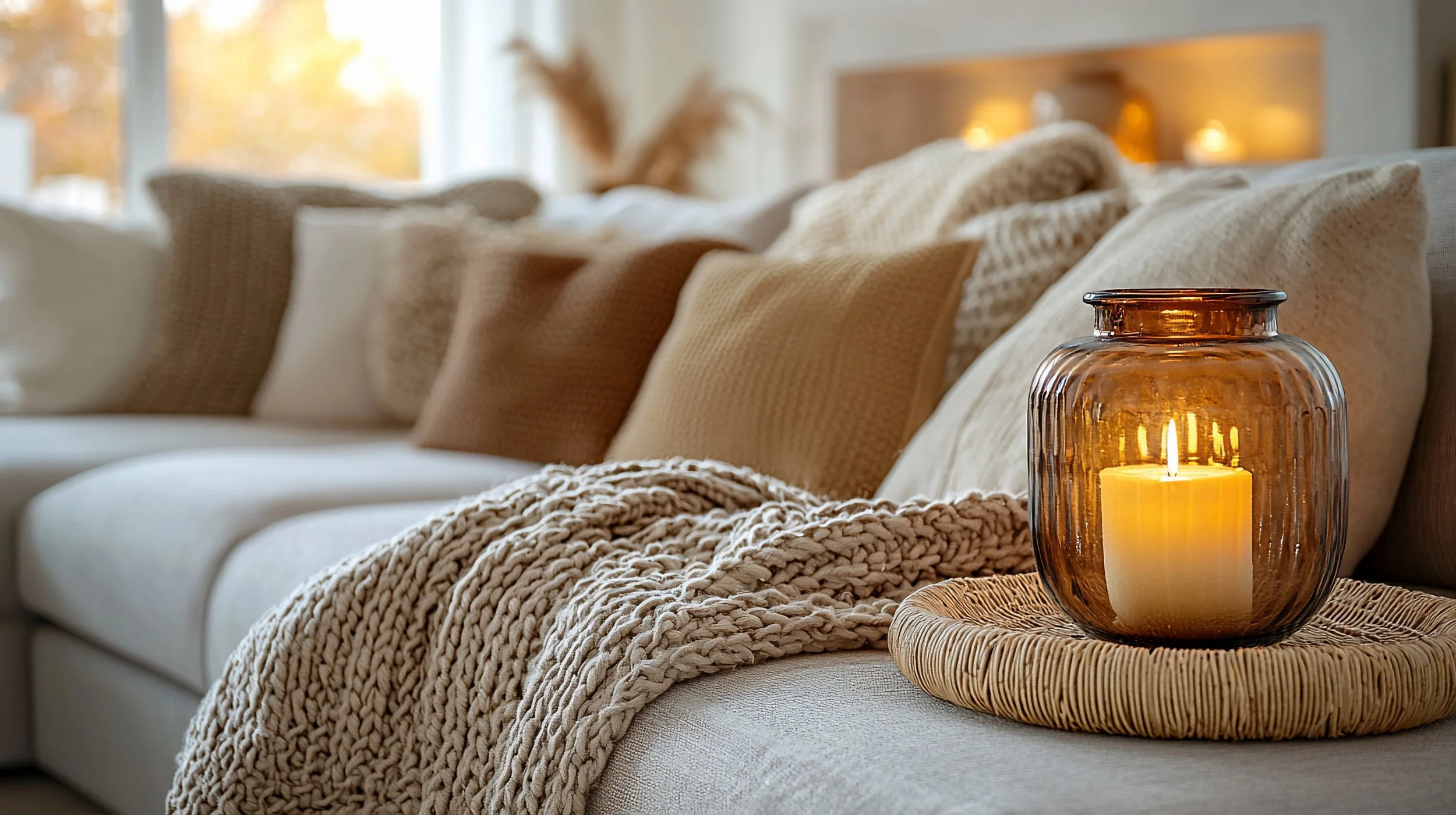 A cozy living room with a white sofa decorated with beige, cream, and tan pillows. A chunky knit blanket is draped over the arm of the sofa. A wooden side table holds a glass candle holder with a lit candle, creating a warm and inviting atmosphere.