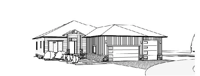 Original draft of CJ Living Co. plan for a bungalow home with a garage, front entry, and landscaped yard. Copyright CJ Living Co. 