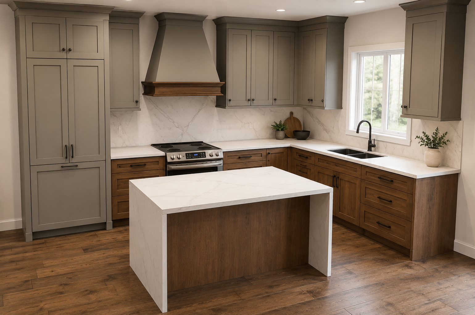 Modern kitchen with light gray upper cabinets, wooden lower cabinets, a white marble island, and a white marble backsplash. There is a window above the sink, a stainless steel stove, and decorative plants. Copyright CJ Living Co.