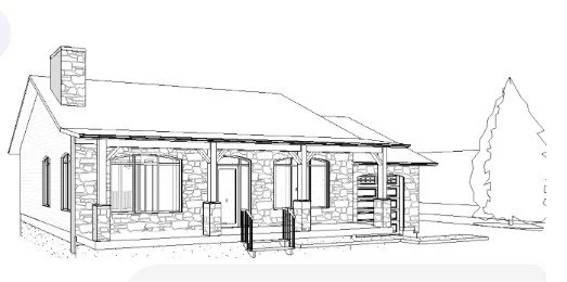 Sketch of a garden suite with a front porch and chimney, surrounded by a tree and landscape.