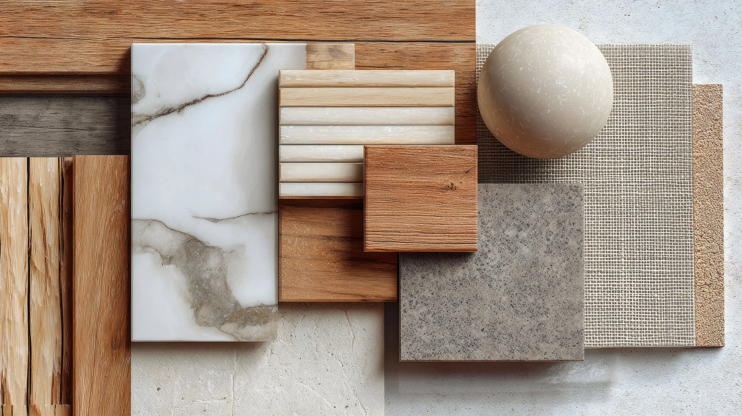 An arrangement of various tile and material samples, including marble, wood, stone, and mosaic tiles, laid out flat on a surface.