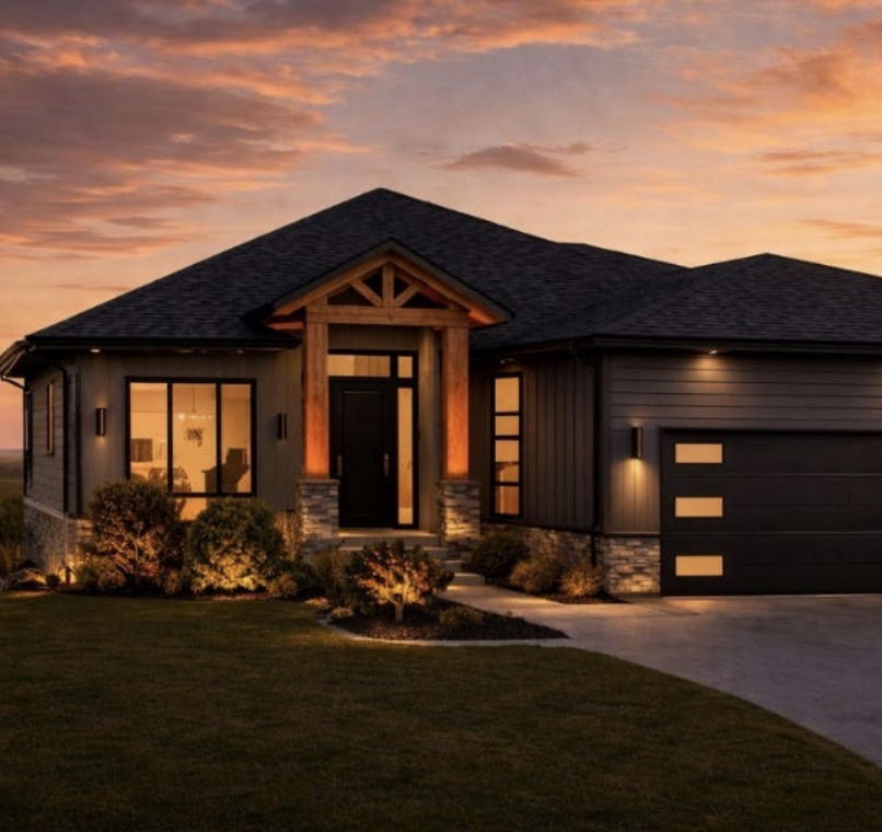 A modern house at sunset with illuminated windows and landscaped front yard. Sherwood Park estate acreage home custom built by CJ Living Co.